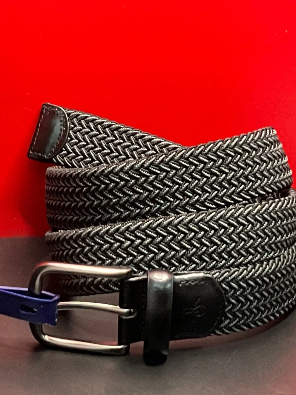 Original Penguin Braided Stretch Belt with Genuine Leather Trim. GUN Colorway.L